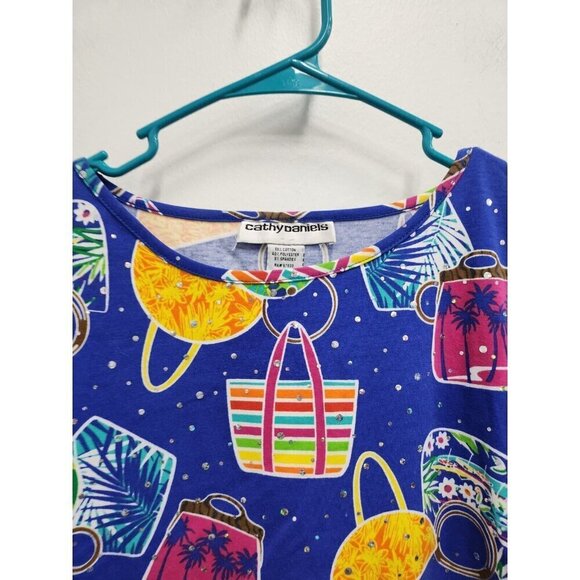 Cathy Daniels Womens Purse Print T-Shirt  Size 1X Blue Rhinestone Short Sleeve - Picture 2 of 7